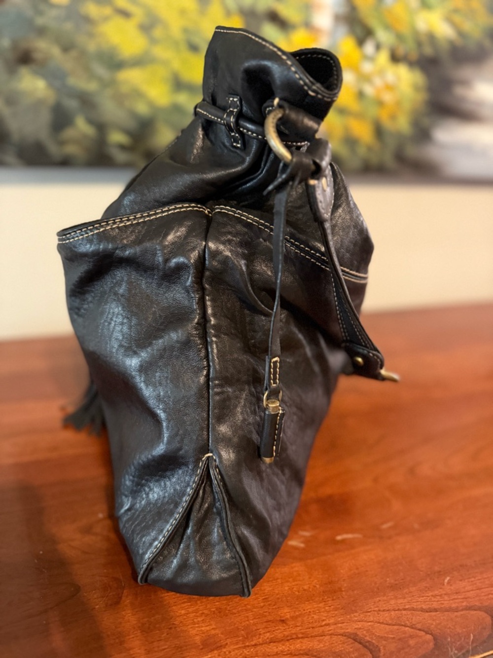 Vintage Liz Claiborne Genuine Leather Bucket Bag • Drawstring Tassel • Slouchy - Picture 4 of 16